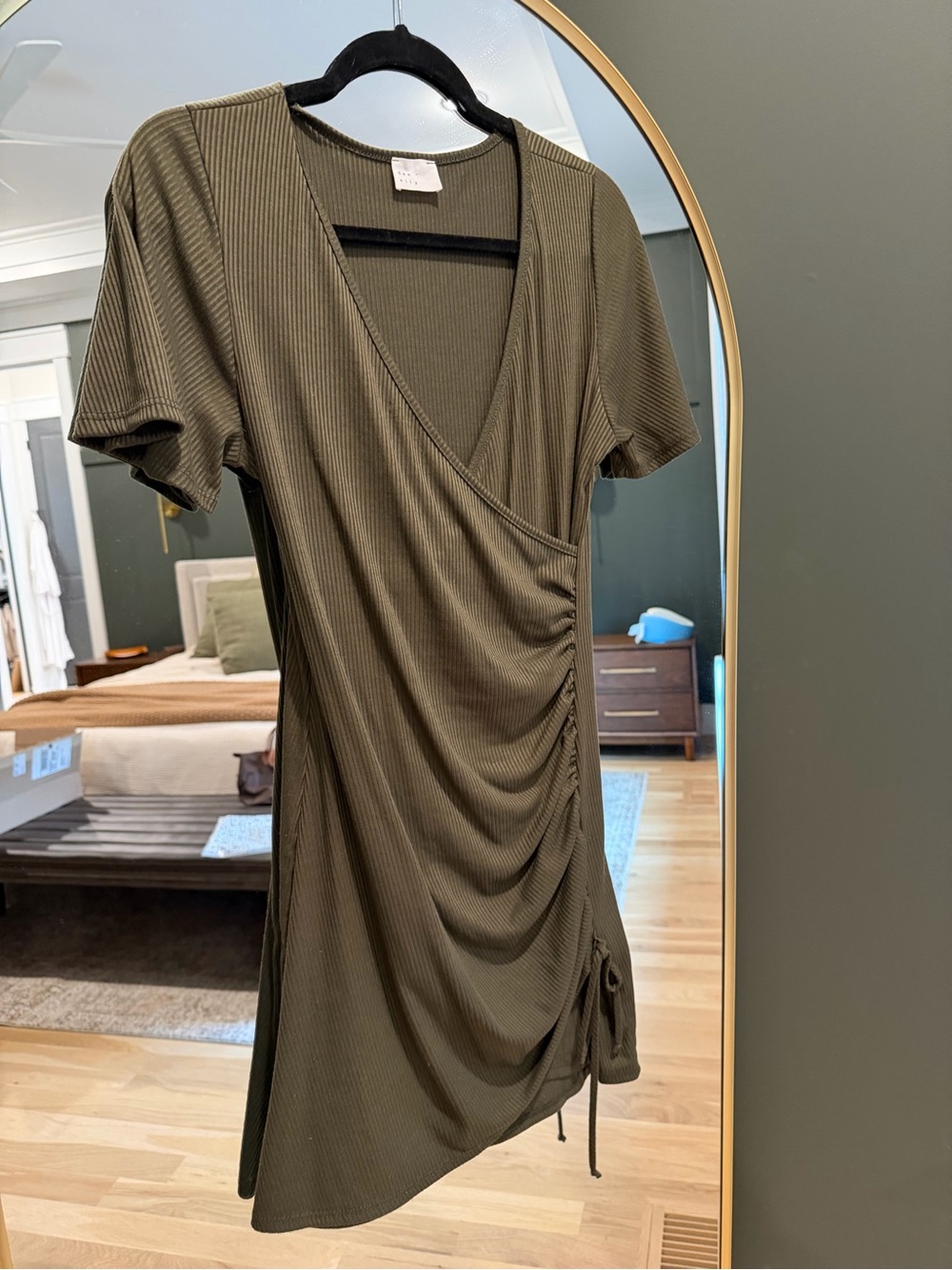 Ruched Wrap Mini Dress in Olive Green